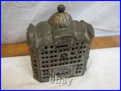 Vintage Cast Iron Office Building Dime Still Bank Toy Penny Coin Dome Top Tower