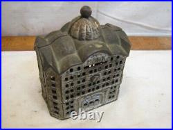 Vintage Cast Iron Office Building Dime Still Bank Toy Penny Coin Dome Top Tower