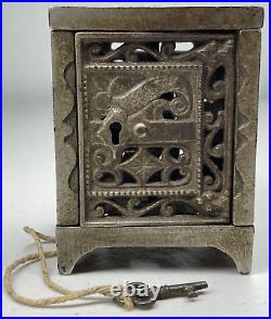 Vintage Cast Iron Safe Penny Coin Bank With Original Locking Key Pat June 2 1896