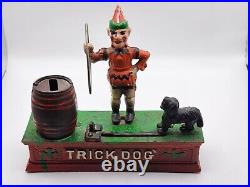 Vintage Cast Iron Trick Dog Coin Bank Jumping Through Hoop WORKING COMPLETE