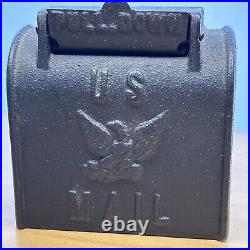 Vintage Cast Iron US Mail Box Desktop Coin Bank Pull-Down Slot Emboss Eagle Logo