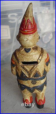 Vintage Heavy Cast Iron Standing Clown Character Bank 8 Tall