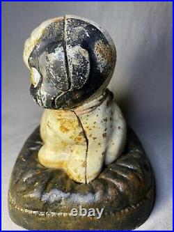Vintage Hubley Puppo Dog On Pillow Staring at Bee Cast Iron Coin Bank -rust