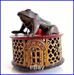 Vintage J & E Stevens Frog on Base Cast Iron Mechanical Bank -patent date 1872