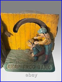 Vintage Leap-Frog Cast Iron Coin Bank Book of Knowledge Works, Missing Stopper