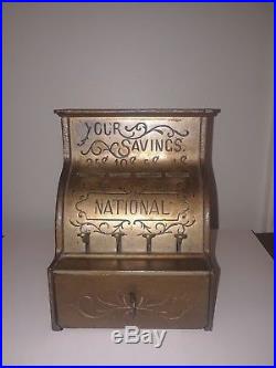 Vintage NATIONAL Your Savings Cast Iron Register Bank withKey COLLECTIBLE