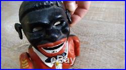 Vintage Old Jolly Cast Iron Money Box Piggy Bank Black Man Americana Pull Lever