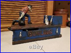 Vintage Original Cast Iron Bowling Man Mechanical Bank, Good Cond, Rare Antique