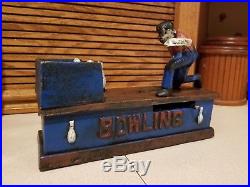 Vintage Original Cast Iron Bowling Man Mechanical Bank, Good Cond, Rare Antique