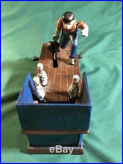 Vintage Original Cast Iron Bowling man Mechanical Bank rare