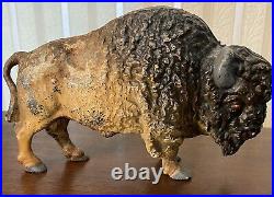 Vintage Painted Cast Iron Bison Buffalo 8 Still Coin Bank With Red Eyes