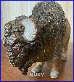 Vintage Painted Cast Iron Bison Buffalo 8 Still Coin Bank With Red Eyes