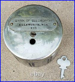 Vintage Silver And Cast Iron Coin Bank Of Ellsworth With Key