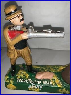 Vintage Teddy & The Bear Cast Iron Mechanical Bank President Roosevelt