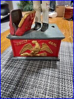 Vintage Uncle Sam Cast Iron Metal Mechanical Coin Bank Patriotic 12 Inches Tall