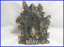 Vintage antique cast iron bank piggy baby mama bear beehive bee marked