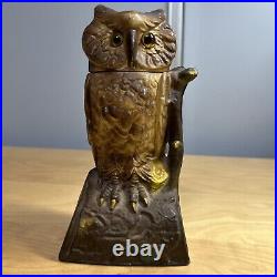 Vtg 7.5 Cast Iron OWL Mechanical Bank Book of Knowledge NORTH SIDE SAVINGS BANK