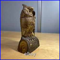 Vtg 7.5 Cast Iron OWL Mechanical Bank Book of Knowledge NORTH SIDE SAVINGS BANK