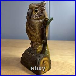 Vtg 7.5 Cast Iron OWL Mechanical Bank Book of Knowledge NORTH SIDE SAVINGS BANK