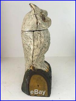Vtg Antique Cast Iron Owl Turns Head Mechanical Bank by J & E Stevens Cir. 1881