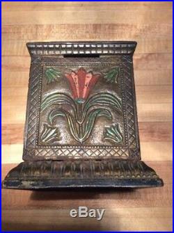 Wonderful old original cast iron Floral Safe still penny bank c. 1898